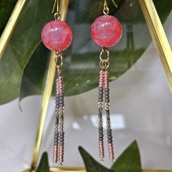 2/$27 | Pink Crystal Beaded Indigenous Native Fringe Earrings | Handmade - Picture 6 of 6